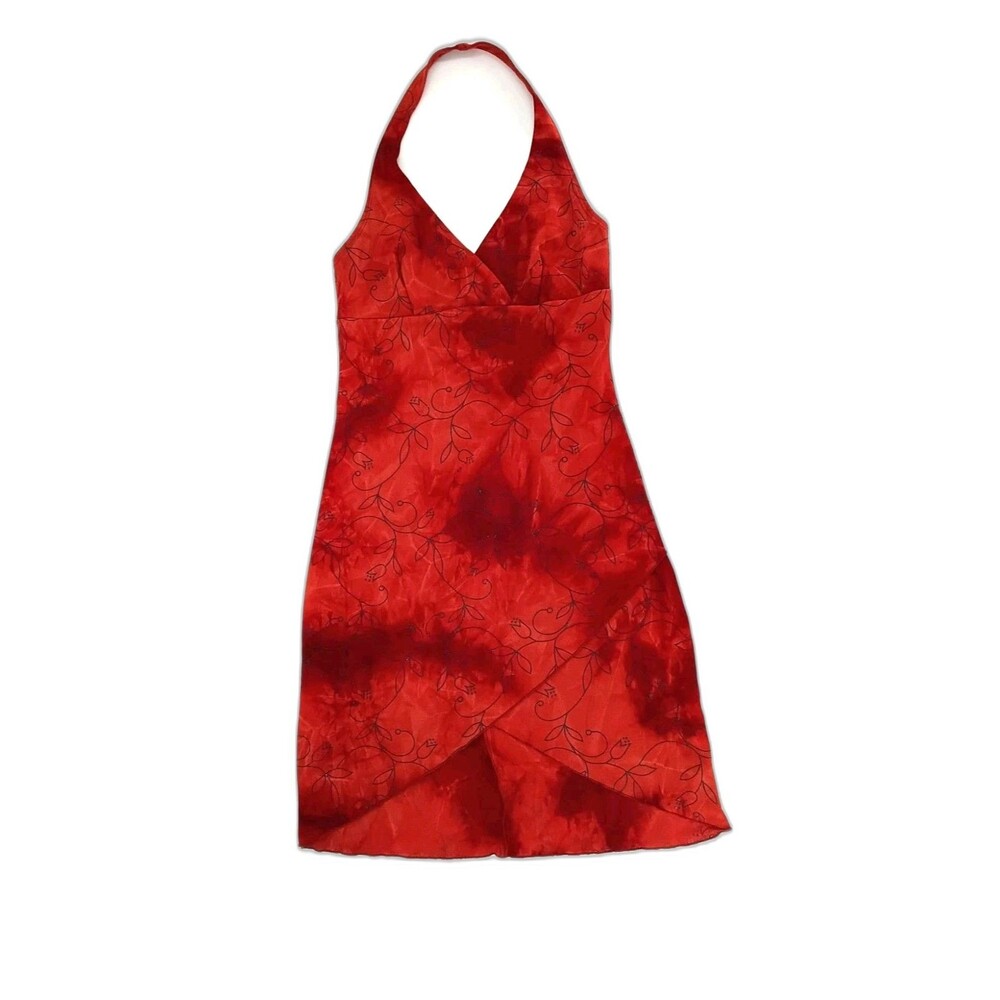 Fairycore Y2K Red Tie Dye Halter Midi Dress M Floral Mesh Artsy 90s Whimsigoth